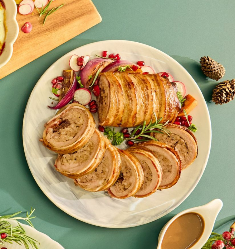 Pork Tenderloin Roulade In Bacon Wrap With Brown Sauce