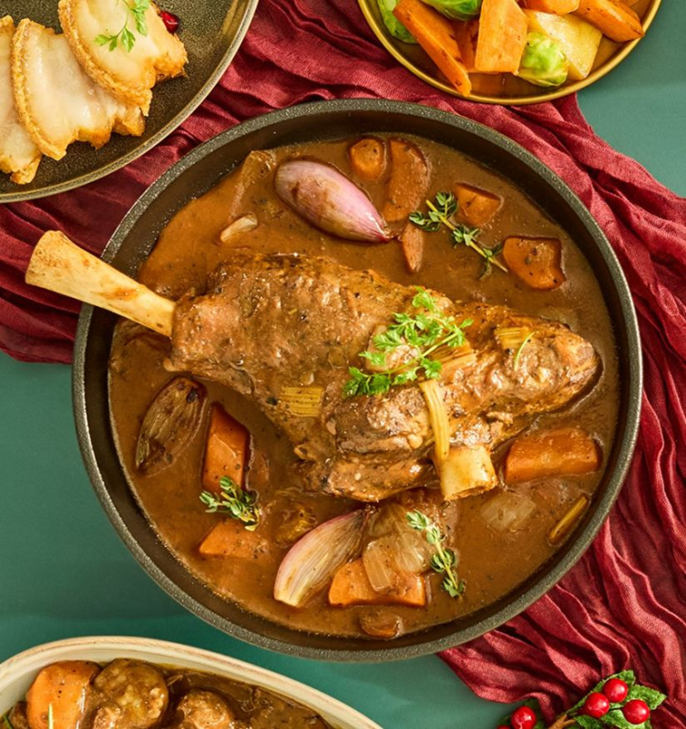 Slow Cooked Lamb Shank in Red Wine Shallot Sauce with Roasted Baby Vegetable
