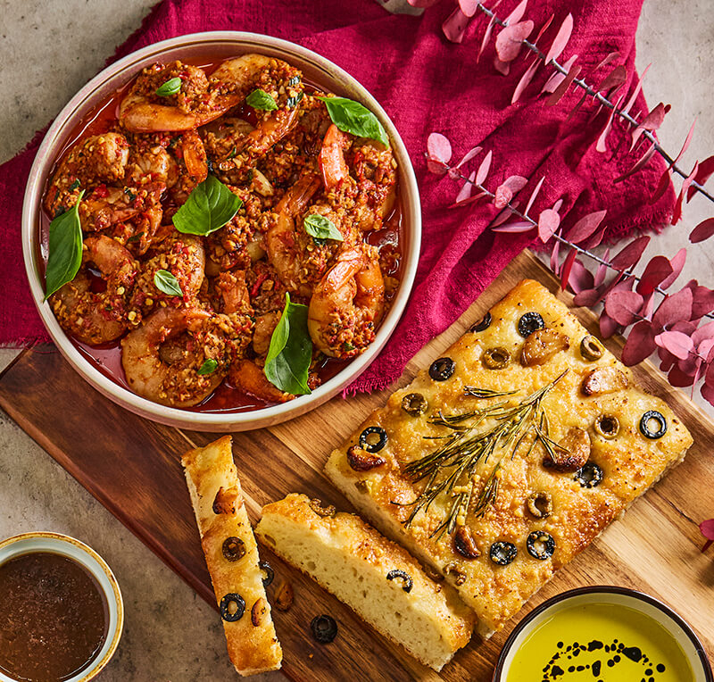 Gambas Ajillo With Focaccia Bread